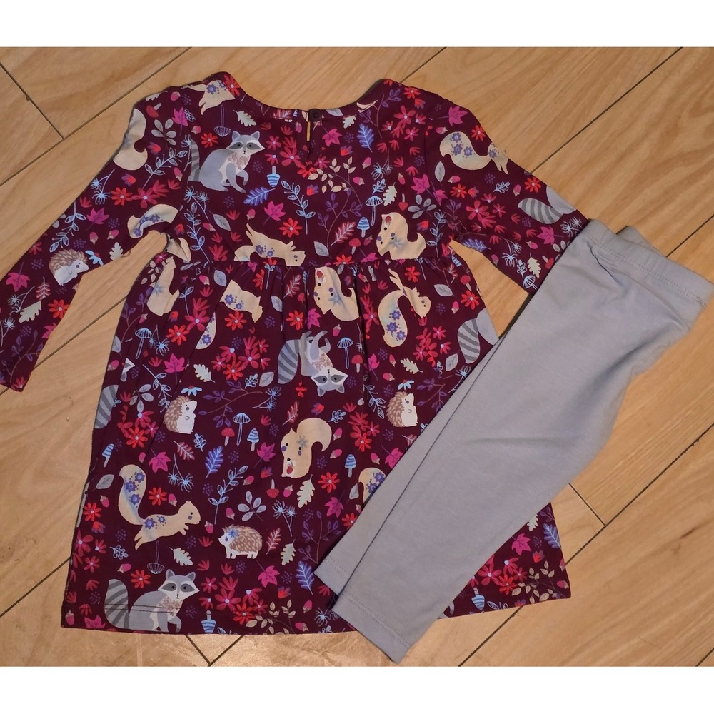 Girls Burgundy Woodland Critters Long Sleeve Dress & Tan Leggings Set 12M